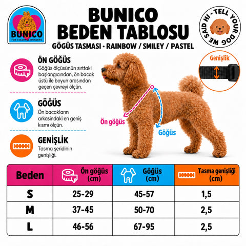 Köpek göğüs tasması beden tablosu: S, M, L için ön göğüs, göğüs çevresi ve tasma genişliği ölçüleri