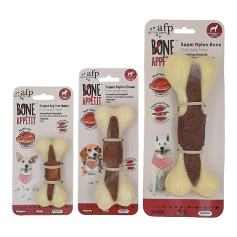 Bone Appetit Super Nylon Bone dana eti aromalı kemiğin küçük, orta ve büyük boy ambalajları yan yana