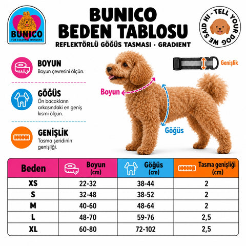 Reflektörlü Göğüs Tasması Gradient, güncel beden tablosu: boyun, göğüs ve tasma genişliği (cm)