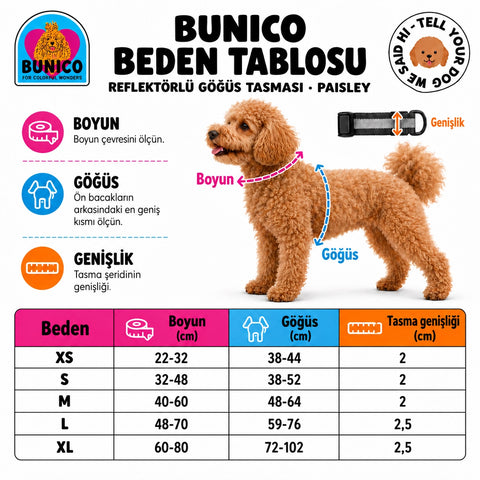 Reflektörlü Göğüs Tasması Paisley, güncel beden tablosu: boyun, göğüs ve tasma genişliği (cm)