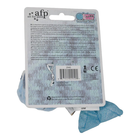 Knotty Habit balık ve top kedi oyuncağı ambalajının arka yüzü, uyarı metinleri ve barkod