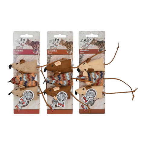 Dream Catcher catnip fare üçlü paket, bej, kahverengi ve zikzak desenli farelerle üç farklı paket