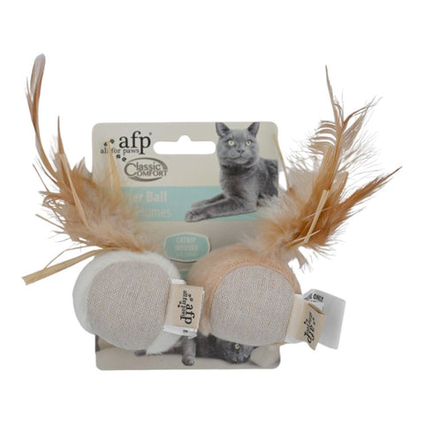 Classic Comfort kuş tüyü top ikili paket, kartonunda krem kumaş toplar ve kahverengi tüyler