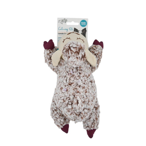 Calming Pals Lavanta Kokulu Kuzu önden, krem kahve benekli peluş, bordo patili, ambalaj etiketiyle