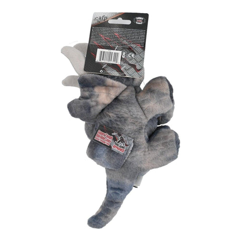 My T-Rex dinozor şeklinde sesli köpek oyuncağı Medium, gri peluş dinozorun arka yüzü ve etiketi