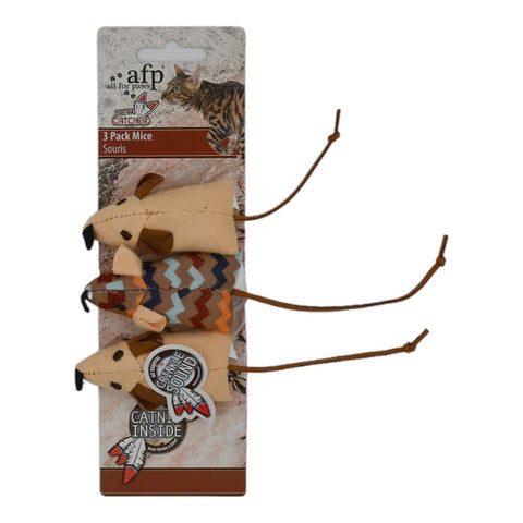 Dream Catcher catnip fare üçlü paket, bej ve zikzak desenli fareler, uzun kahverengi kuyruklar