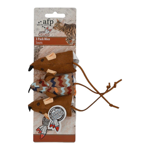 Dream Catcher catnip fare üçlü paket, iki kahverengi fare ve zikzak desenli fare kartonunda