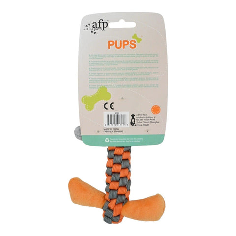 Pups Yavru Köpek Diş Kaşıma Oyuncağı Eşek ambalaj kartının arka yüzü ve turuncu gri örgülü gövde