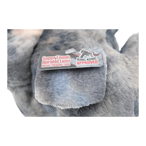 My T-Rex dinozor oyuncak yakın plan, gri peluş üzerinde Super Tough Durable Liner etiketi
