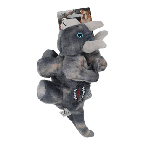 My T-Rex dinozor şeklinde sesli köpek oyuncağı Medium, gri boynuzlu peluş dinozor etiketli kartında