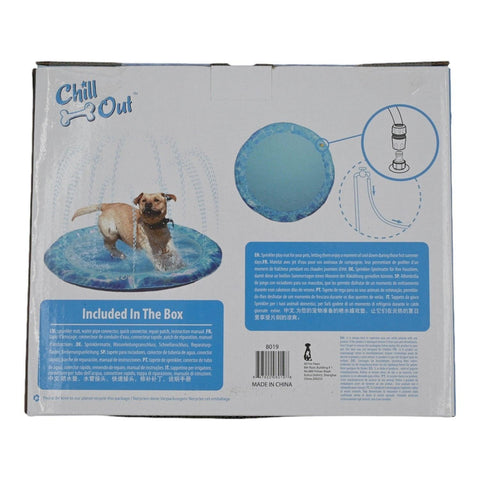 Chill Out Su Fışkırtan Köpek Oyun Matı kutusunun arka yüzü, kutu içeriği ve hortum bağlantı çizimi