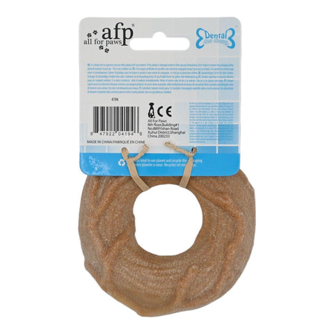 Dental Chews ahşap donut, halka çiğneme oyuncağı ve ambalaj kartının arka yüzü