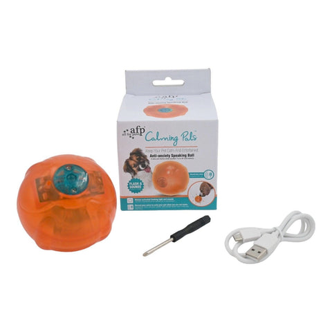 Calming Pals Konuşan Top, turuncu şeffaf top, kutusu, tornavida ve USB şarj kablosuyla birlikte