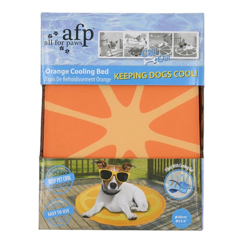 Chill Out Portakal Köpek Serinleme Matı ambalajının ön yüzü, gözlüklü köpek görseli ve 60 cm çap bilgisi