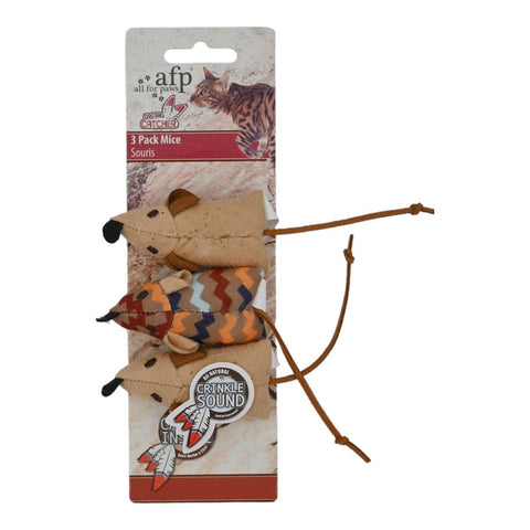Dream Catcher catnip fare üçlü paket, iki bej fare ve zikzak desenli fare kartonunda