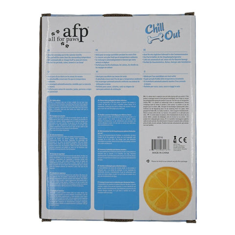 Chill Out Portakal Köpek Serinleme Matı ambalajının arka yüzü, çok dilli açıklamalar ve portakal mat görseli