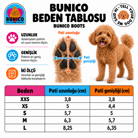 Bunico Boots köpek ayakkabısı beden tablosu; pati uzunluğu ve genişliği
