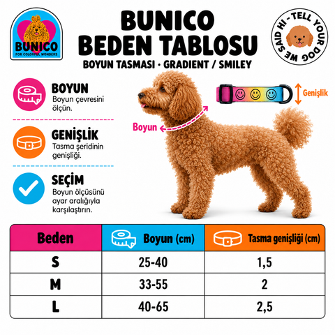 Bunico boyun tasması beden tablosu; boyun çevresi ve tasma genişliği