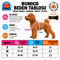 Köpek göğüs tasması beden tablosu: S, M, L için ön göğüs, göğüs çevresi ve tasma genişliği ölçüleri