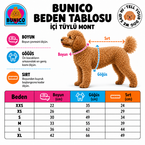 Bunico içi tüylü mont beden tablosu: XXS–XL boyun, göğüs ve sırt ölçüleri