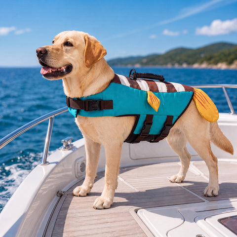 Turkuaz köpek can yeleğini giymiş Labrador tekne güvertesinde – Bunico