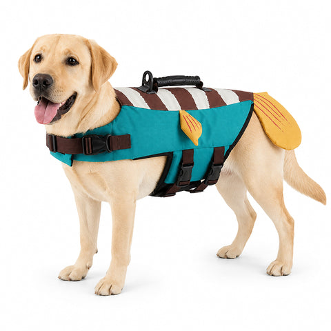 Turkuaz can yeleğini giymiş köpek – Bunico