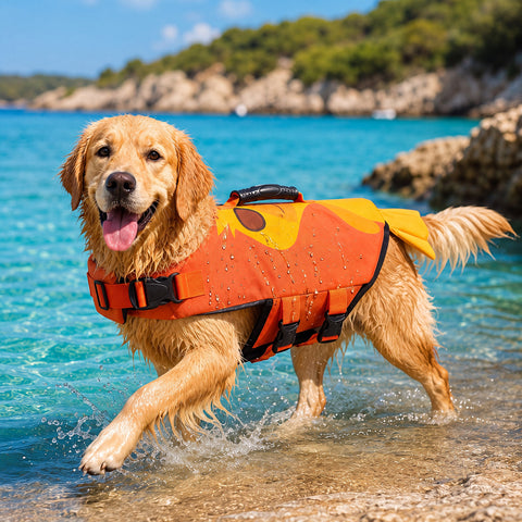 Turuncu ördek can yeleğini giymiş Golden Retriever deniz kenarında – Bunico