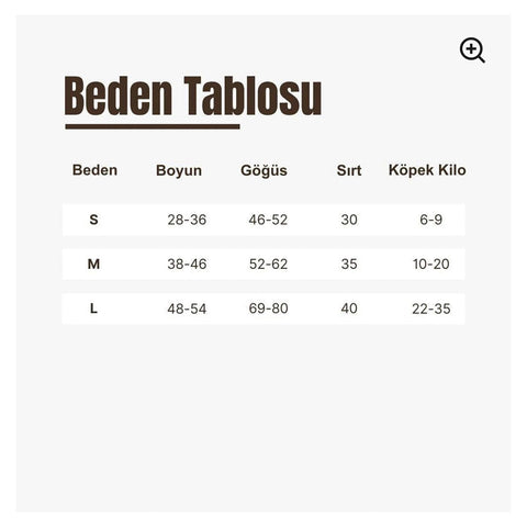 Bunico köpek can yeleği beden tablosu – S, M, L