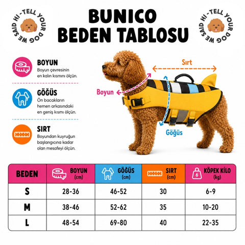 Bunico köpek can yeleği beden tablosu – S, M, L bedenleri