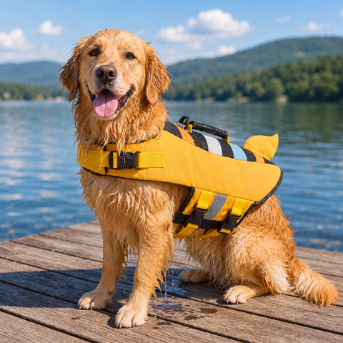 Sarı köpek can yeleğini giymiş Golden Retriever göl iskelesinde – Bunico