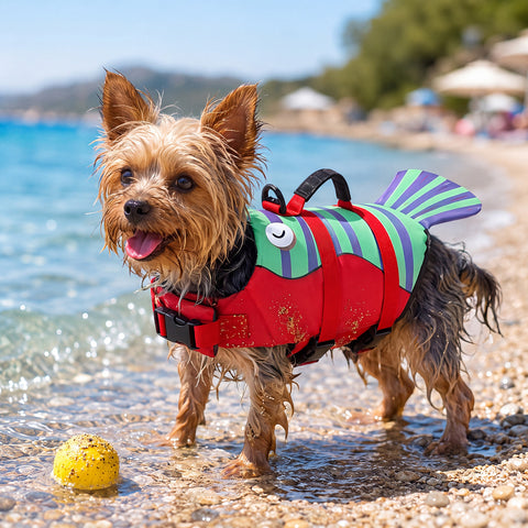 Kırmızı balık can yeleğini giymiş Yorkshire Terrier sahilde – Bunico