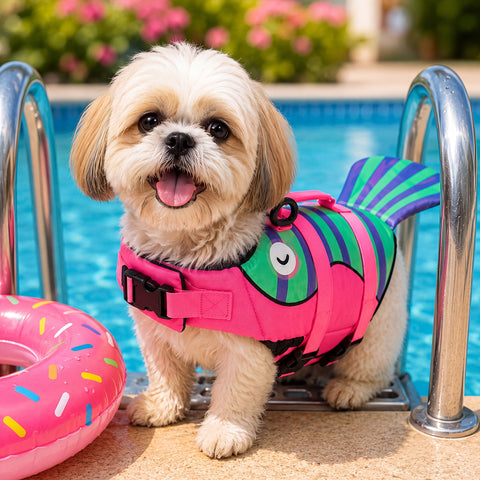 Pembe balık can yeleğini giymiş küçük köpek havuz kenarında – Bunico