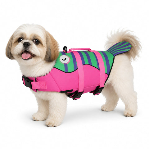 Pembe balık can yeleğini giymiş küçük ırk köpek – Bunico