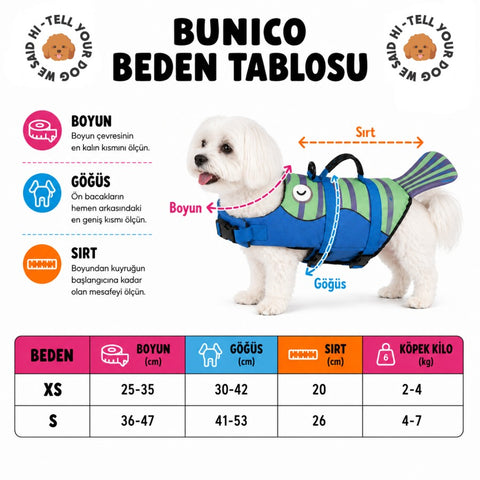 Bunico küçük ırk köpek can yeleği beden tablosu – XS, S bedenleri
