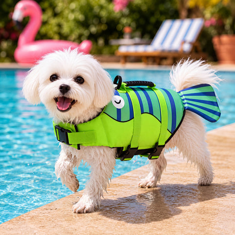 Yeşil balık can yeleğini giymiş küçük köpek havuz kenarında – Bunico