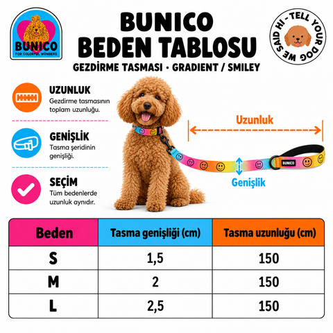 Bunico gezdirme tasması beden tablosu; tasma genişliği ve uzunluğu