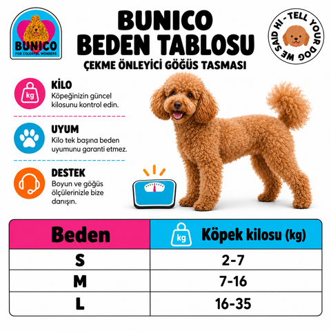 Bunico çekme önleyici göğüs tasması beden tablosu; kilo aralıkları