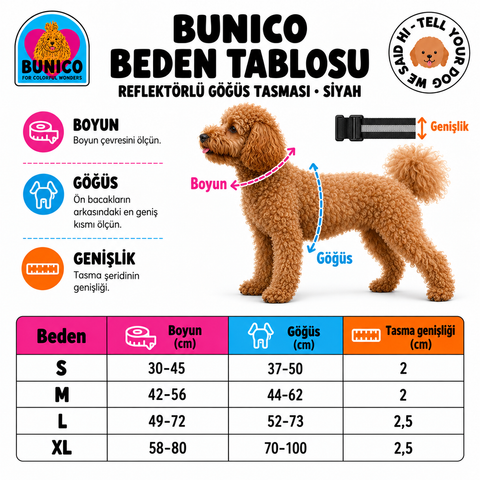 Bunico reflektörlü göğüs tasması · siyah beden tablosu ve ölçüm rehberi