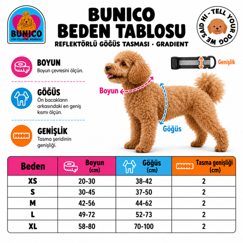 Bunico reflektörlü göğüs tasması · gradıent beden tablosu ve ölçüm rehberi