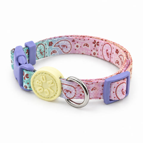 Paisley köpek boyun tasması başka açıdan, pembe turkuaz geçişli desenli kayış ve metal halka