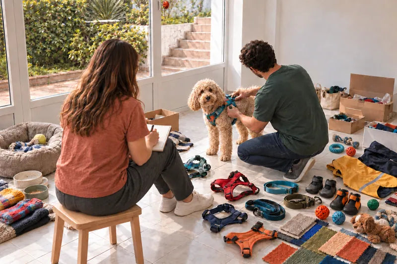 İpek not alırken Cem bir köpeğe göğüs tasması deniyor; yerde tasmalar, ayakkabılar ve oyuncaklar